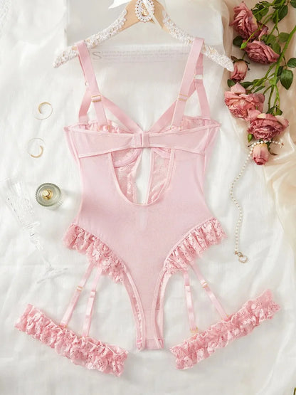 2pcs Red Floral Lace Garter Lingerie Set With Choker Underwire Bra And Thongs Ladies Underwear Set