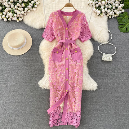 Floral Lace Dress V Neck High Waist Maxi Dresses