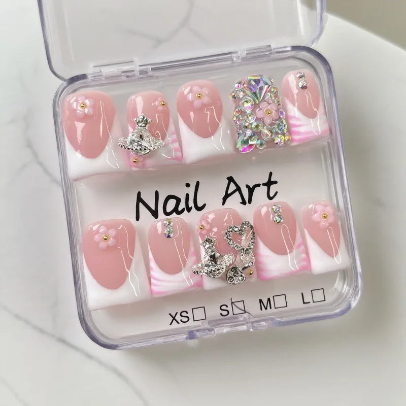 White French Nail Tips 10Pcs Short Duck Nails With Metal Rhinestones Decor Press On Small Flower Sweet Nude Acrylic Fake Nails