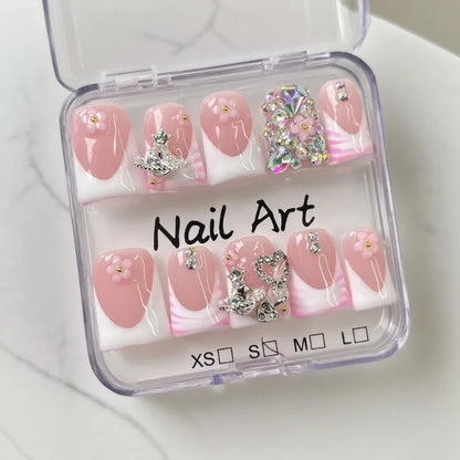 White French Nail Tips 10Pcs Short Duck Nails With Metal Rhinestones Decor Press On Small Flower Sweet Nude Acrylic Fake Nails