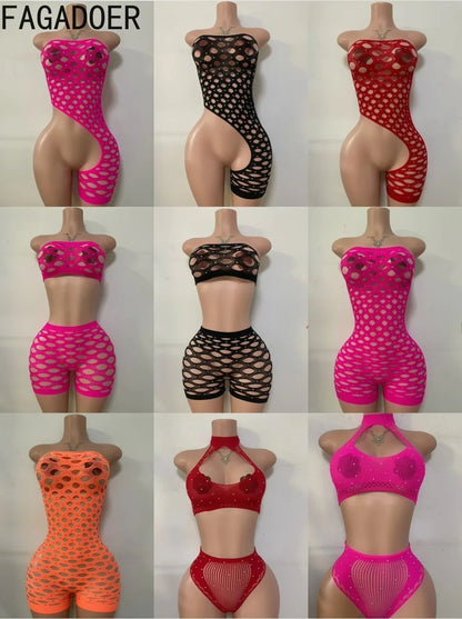Hollow-out Rhinestone Patchwork Bodycon Halter Sleeveless Backless Lingerie