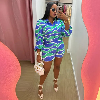 Collar Button Long Sleeve Shirt Top + Short Sets