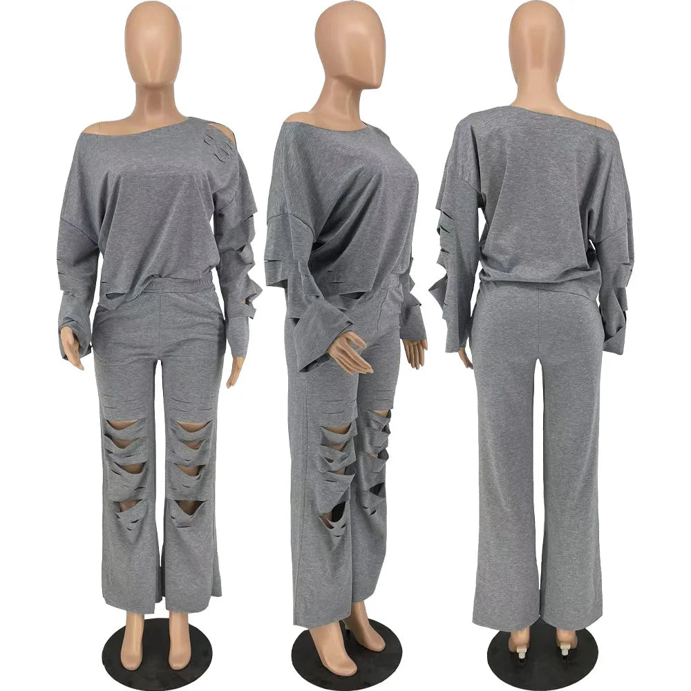 Oliva's Round Neck Pullover Hole Solid Pant Sets