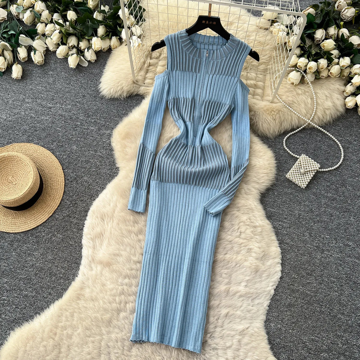 Cold Shoulder Long Sleeve Ribbed Knit Bodycon Midi Dress Elegant Fall Winter
