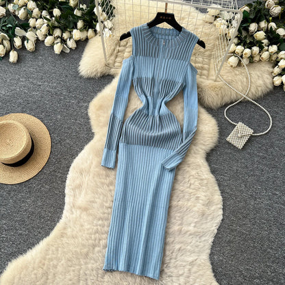 Cold Shoulder Long Sleeve Ribbed Knit Bodycon Midi Dress Elegant Fall Winter