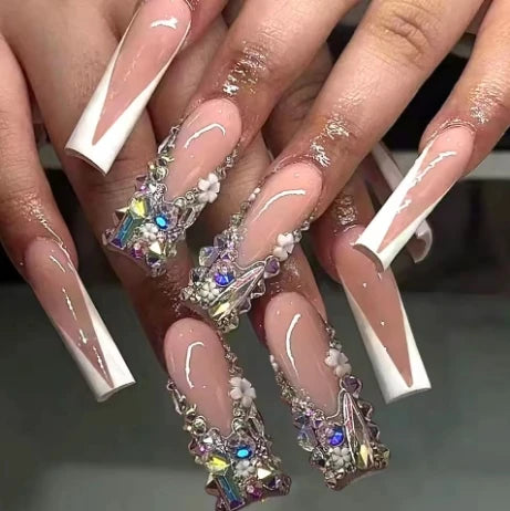 24Pcs Gold French Border False Nails Long Coffin False Nails with Rhinestones Ballerina Full Cover Nail Tips Press on Nails