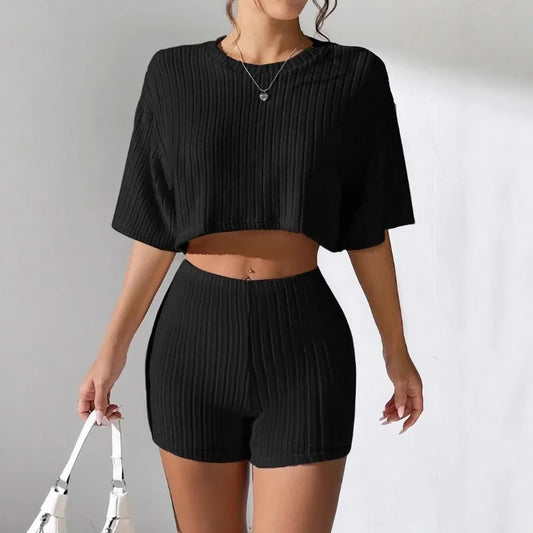 Stretchy Solid Cropped Crew Neck T-Shirt Top + Short Sets
