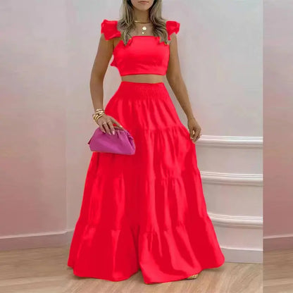 Solid Color Large Swing Skirt + Short Sleeved Square Neck Top (2pcs)
