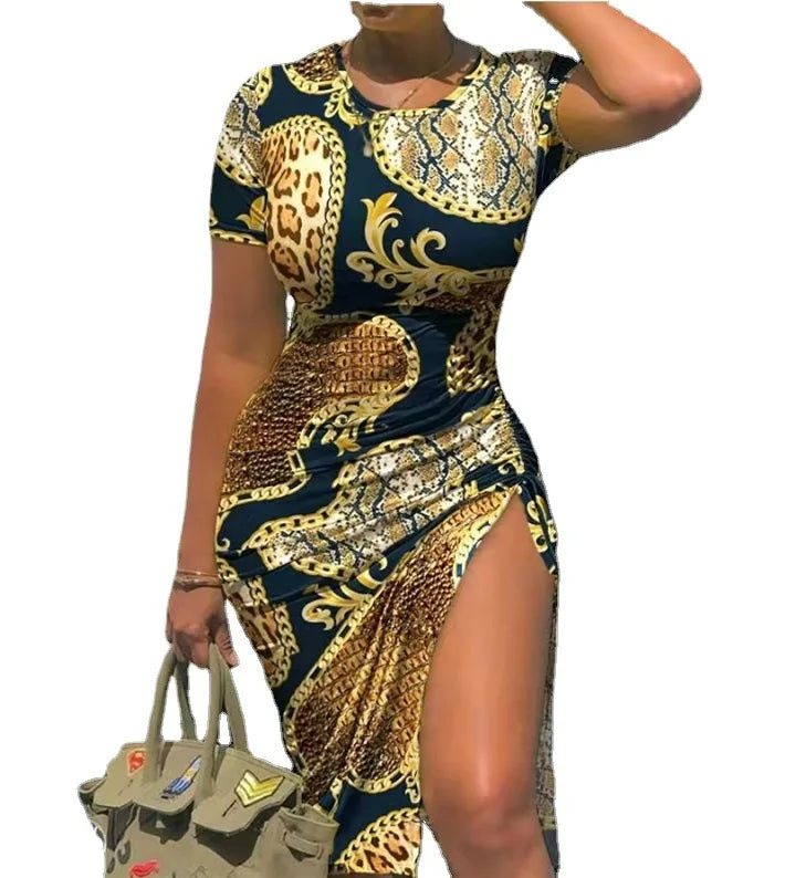 Trendy Printed Slim Bodycon Short Sleeves Drawstring Slit Midi Dresses