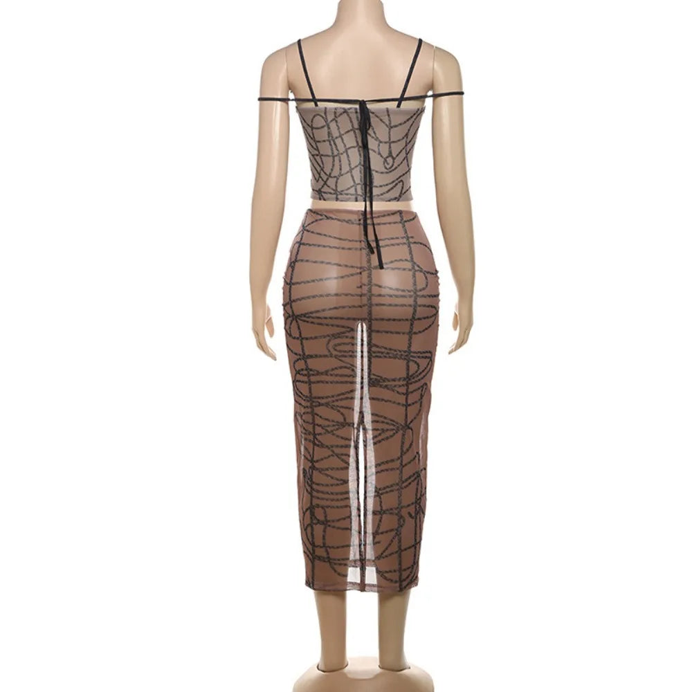 Brown Sexy Mesh Perspective Skinny Skirts Two Piece Sets