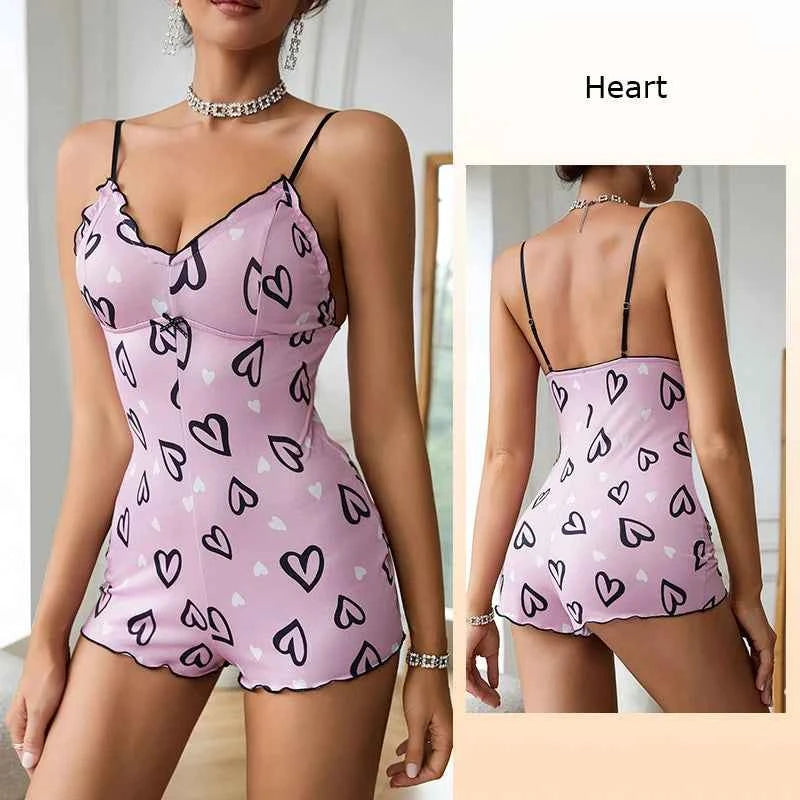 One Piece Red Lip Printed Sleeveless Night Onsie