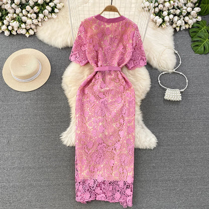 Floral Lace Dress V Neck High Waist Maxi Dresses