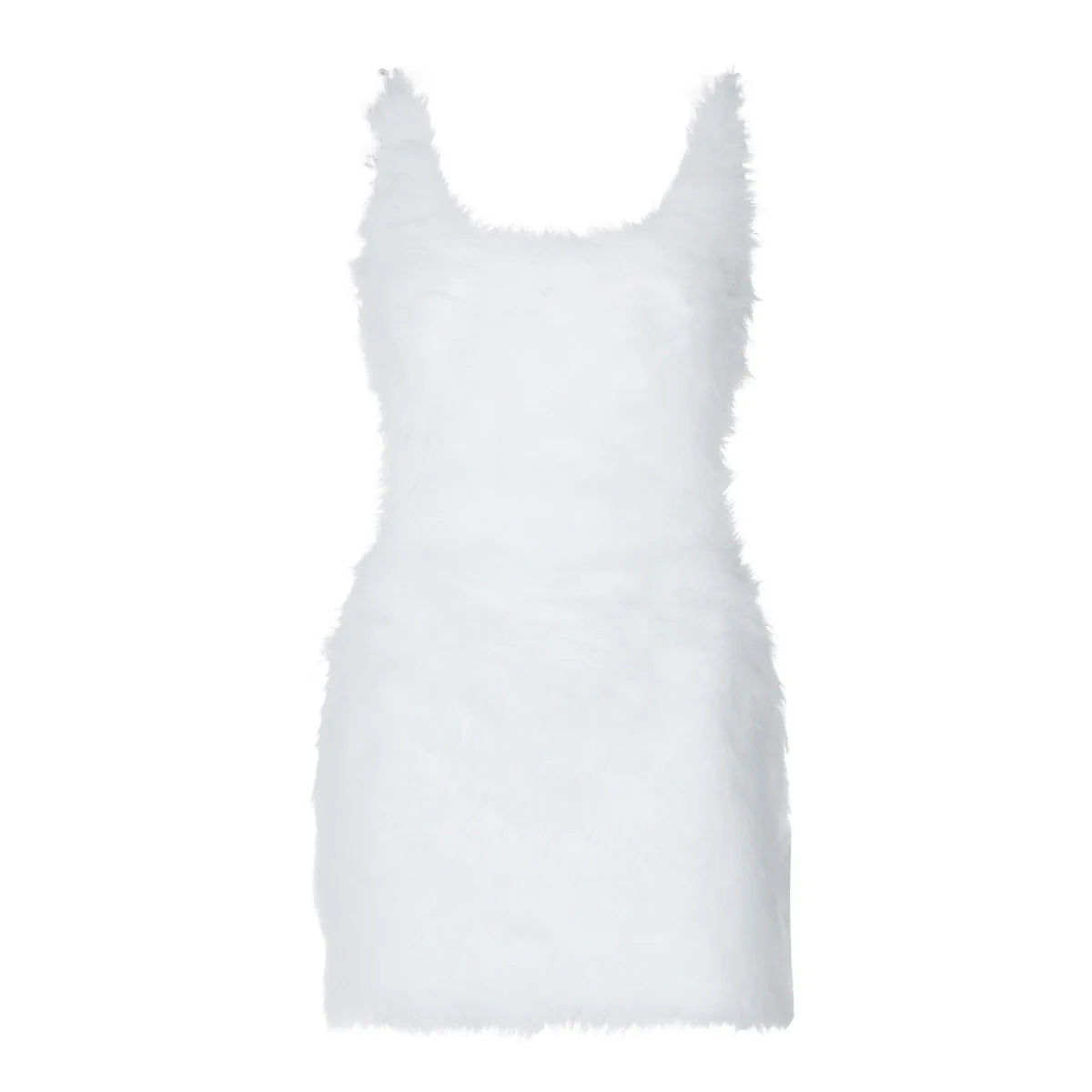 Iyanla Furry Mini White Dress Women Hipster Spaghetti Strap Low Cut Backless Body-Shaping