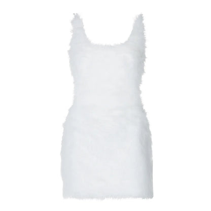 Furry Mini White Dress Hipster Spaghetti Strap Low Cut Backless Body-Shaping Vestidos Birthday Party Clubwear