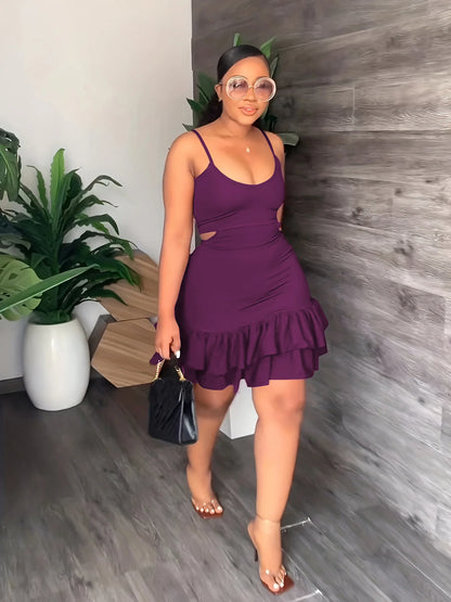 European and American Fashion Sling Low-cut Ruffled Mini Dress