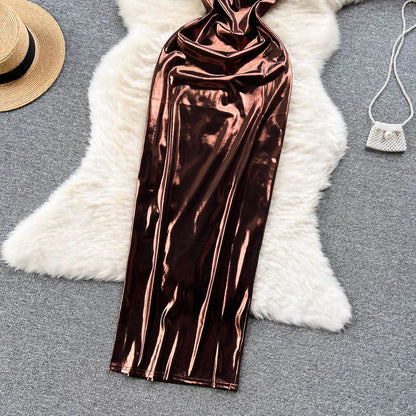 Shiny Satin Backless Maxi Dresses