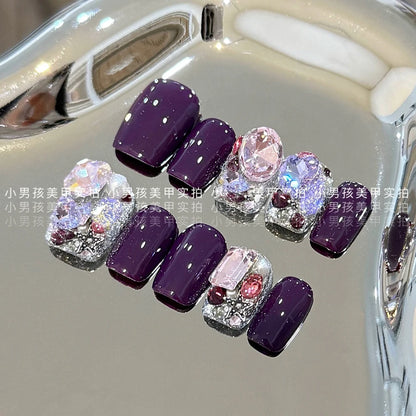 10Pcs Luxury Court Handmade Long Stiletto Full Cover Nails 3D Spice Girl Sparkling Diamond Bow Pearl Flowers Wearable Fake Nails
