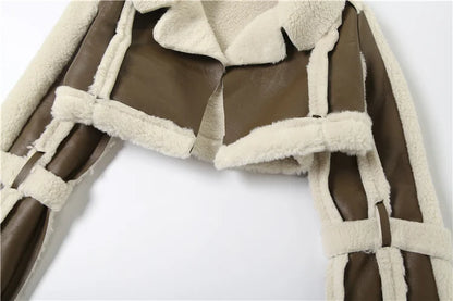 Furry Patchwork Women Crop Jacket Hipster Full Sleeve Open Stitch Hipster Streetwear Warm Outwear Basic Wild Coat