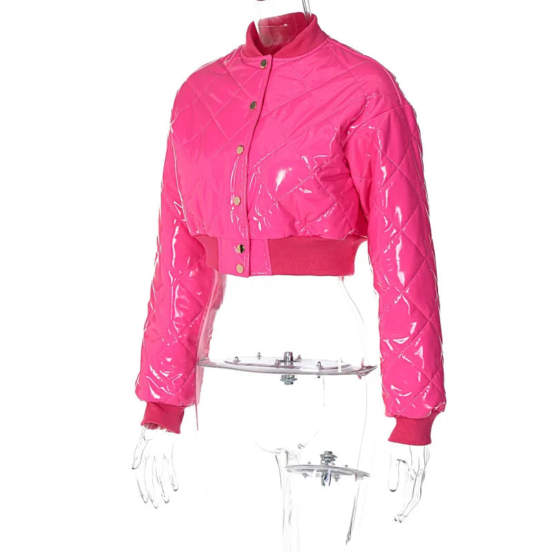 Cute Women Shiny Pink PU Leather Puffer Jacket High Waist Slim Bubble Coats Single Breasted Jackets Leather Cropped Outcoats New