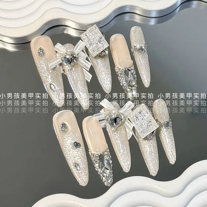 10Pcs Luxury Court Handmade Long Stiletto Full Cover Nails 3D Spice Girl Sparkling Diamond Bow Pearl Flowers Wearable Fake Nails