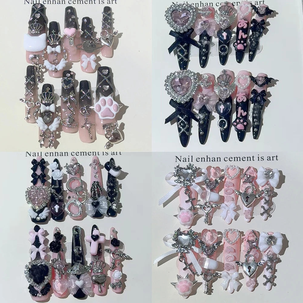 3D Handmade Long Coffin Stiletto Fake Nail Flowers Cat's Heart Diamond Metal Bow