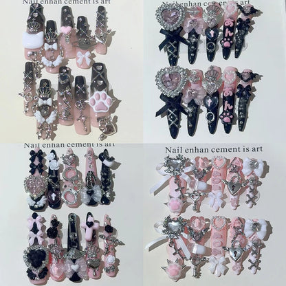 3D Handmade Long Coffin Stiletto Fake Nail Flowers Cat's Heart Diamond Metal Bow