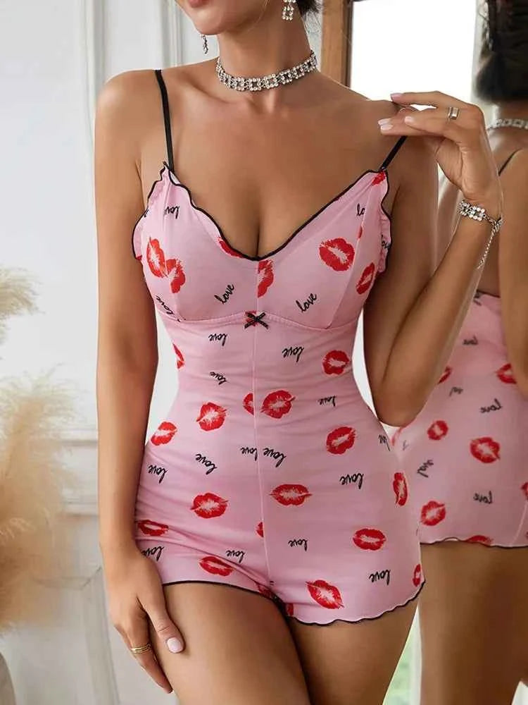 One Piece Red Lip Printed Sleeveless Night Onsie