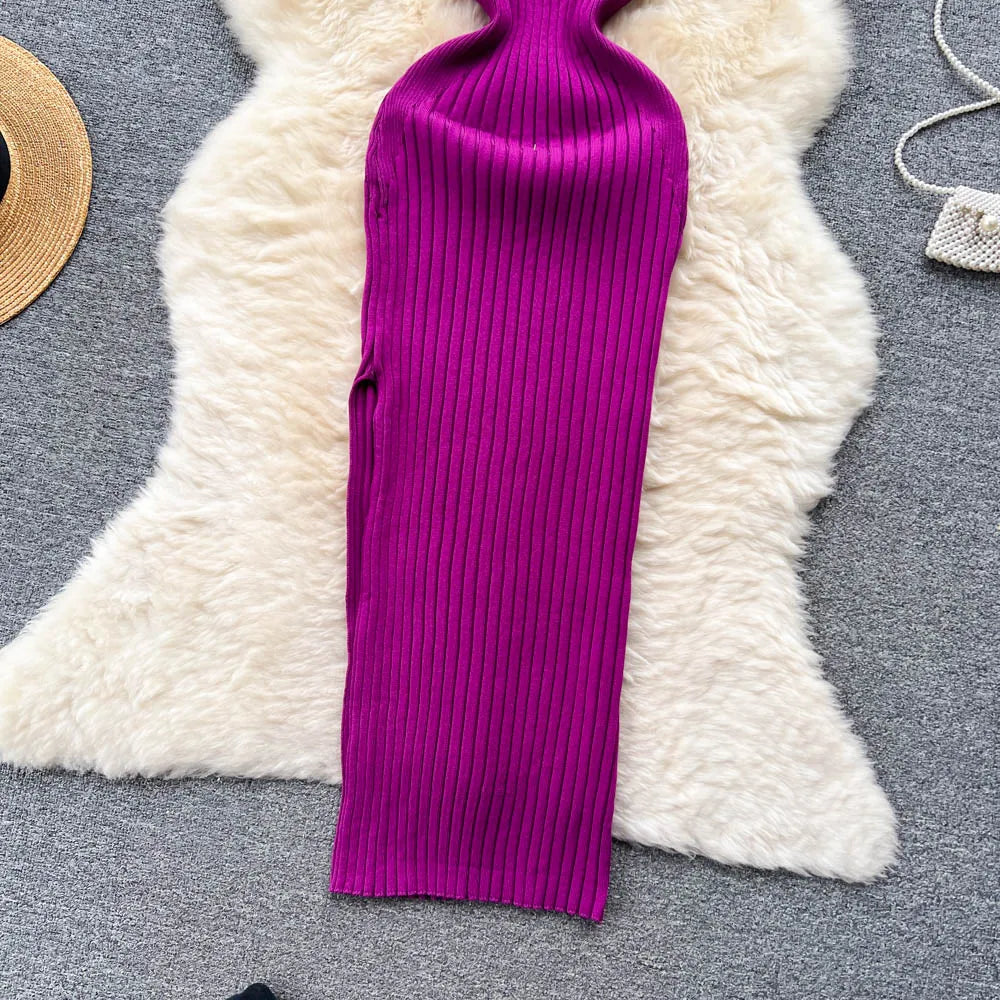 Chic Fashion Sexy Wrap Hips Split Knitted Slim Elastic Bodycon Maxi Dresses