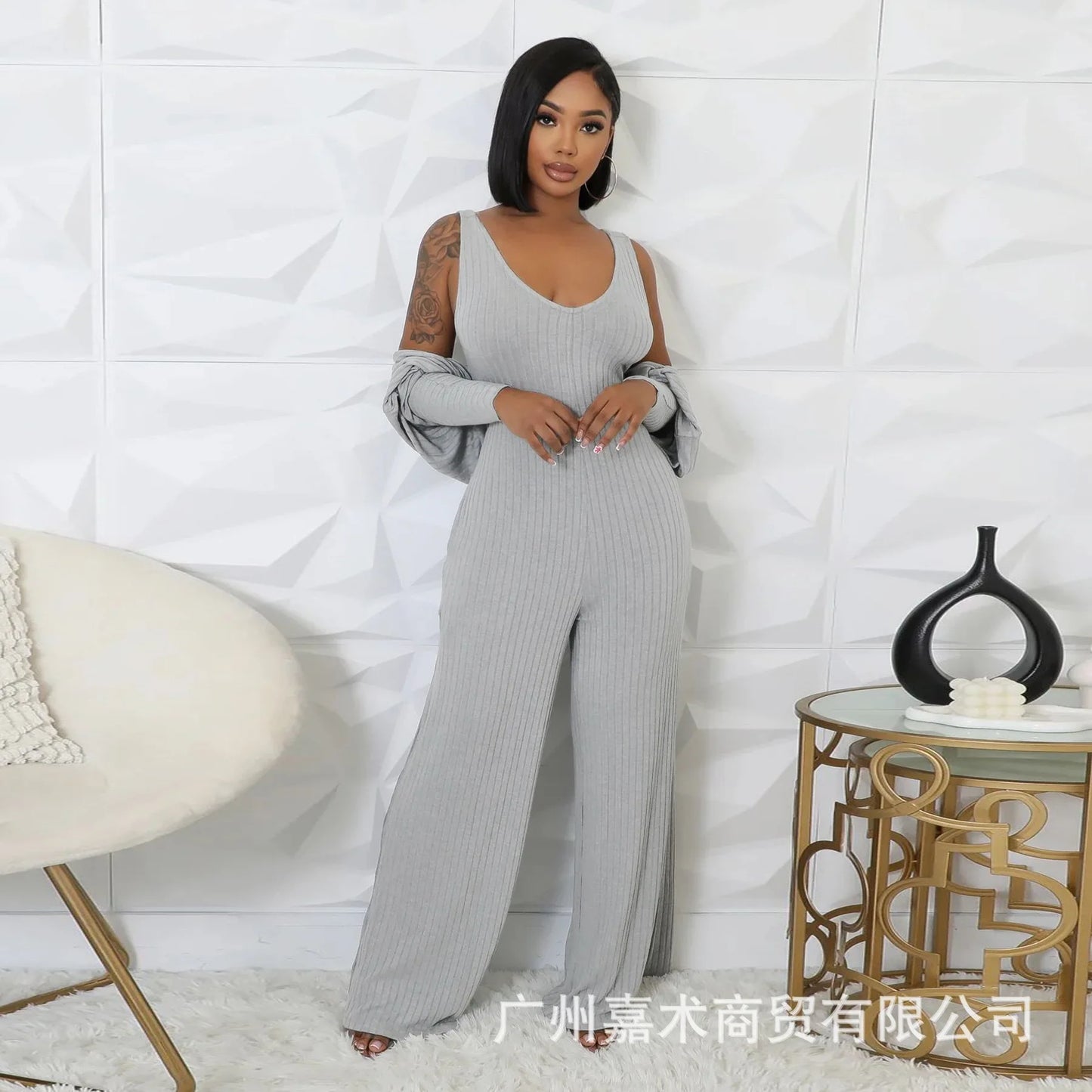 Trendy Solid Color Elastic Wide Leg Jumpsuits (2pcs.)