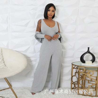 Trendy Solid Color Elastic Wide Leg Jumpsuits (2pcs.)