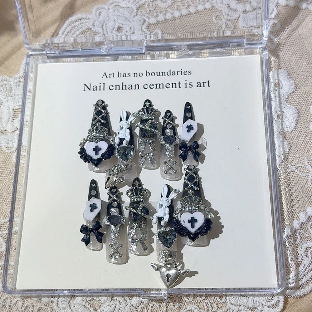 3D Handmade Long Coffin Stiletto Fake Nail Flowers Cat's Heart Diamond Metal Bow