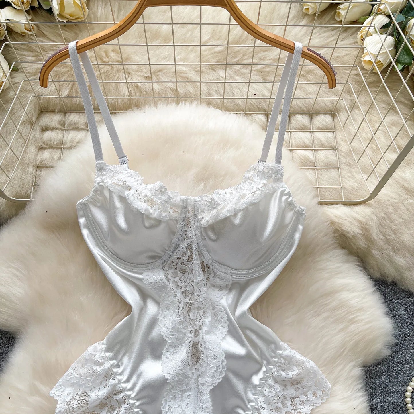 Satin Comfortable Strap Lace Spliced Sheer Lingerie