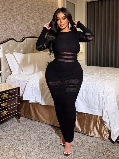 Long Sleeve Midi Dress Sheer Mesh Stripe Pattern Patchwork Bodycon Dresses
