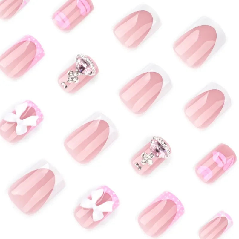 24PCS Short Square Fake Nails Sweet Pink Lips with 3D Bowknot Diamonds French Press on Nails Full Cover Detachable Nail Tips Art