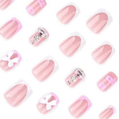 24PCS Short Square Fake Nails Sweet Pink Lips with 3D Bowknot Diamonds French Press on Nails Full Cover Detachable Nail Tips Art
