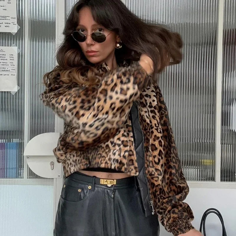 Vanity Leopard Print Zipper Long Sleeve Cropped Coat