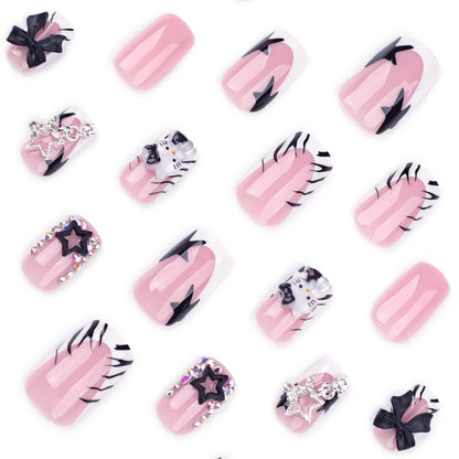 24Pcs Duckbill Nails Press on Y2K French Black Fake Nails Tips with Hellokitty Metal Charms Full Cover Acrylic False Nail
