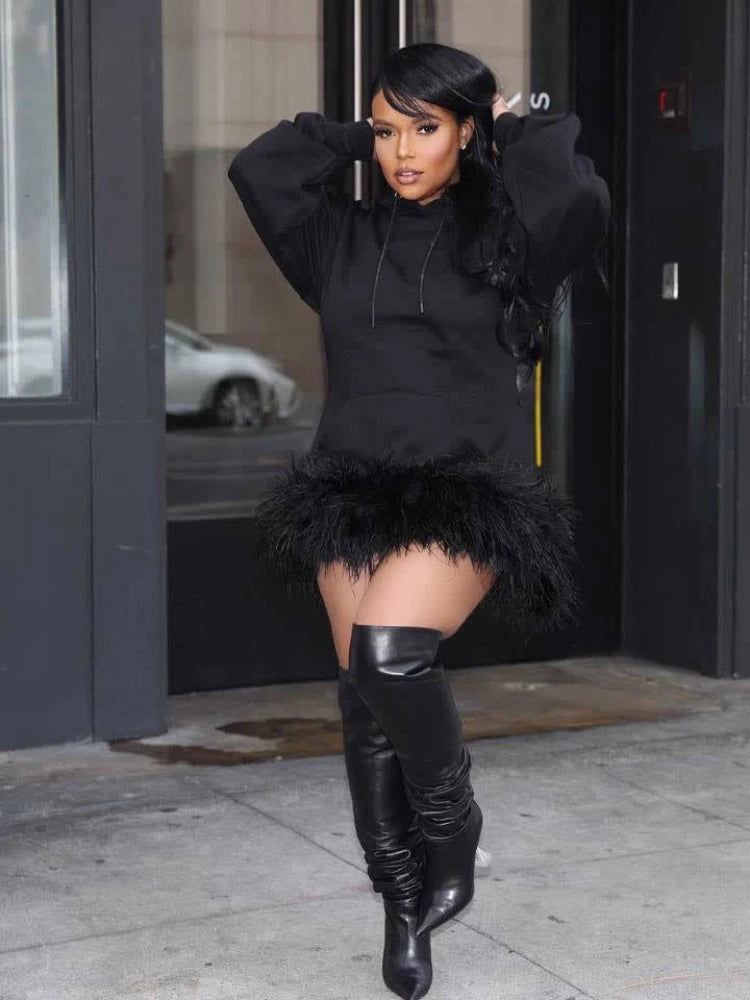 Fur Hem Hooded Sweatshirt Style Midi Dresses