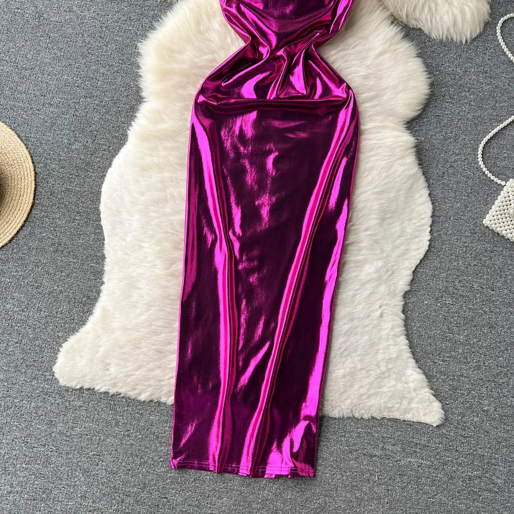Shiny Satin Backless Maxi Dresses