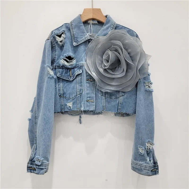 Ashana 3D Flower Washed Long Sleeve Single Breasted Denim Jacket