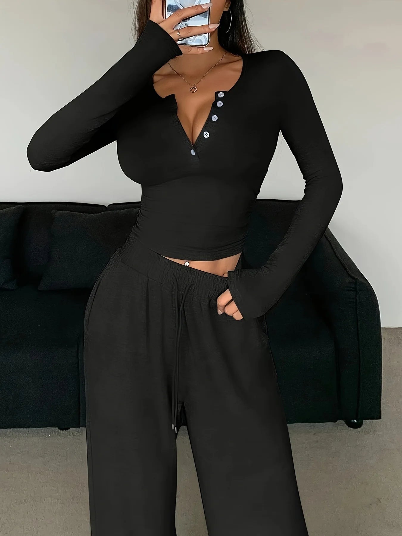 Long Sleeve Button Solid Color Top + Trousers Two Piece Sets