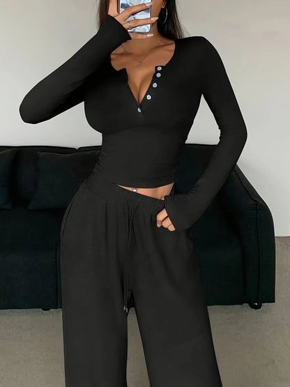Long Sleeve Button Solid Color Top + Trousers Two Piece Sets