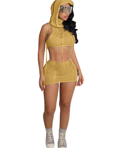 Crochet Knit Hole Hooded Crop Top + Mini Skirts Sets