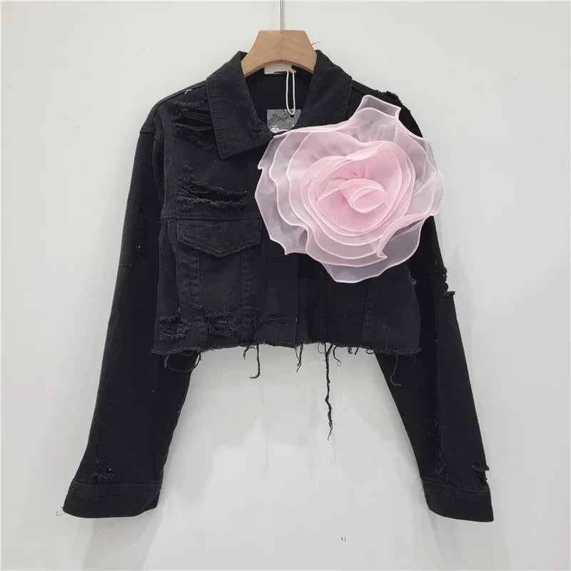 Ashana 3D Flower Washed Long Sleeve Single Breasted Denim Jacket