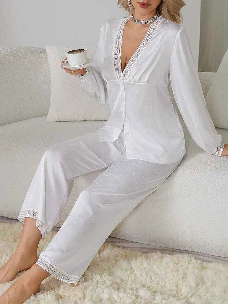 Satin Trousers + V-Neck Comfortable Jacquard Pajama Sets
