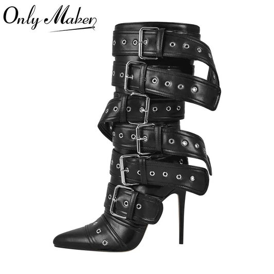 Mid-Calf Buckle Stiletto Boots