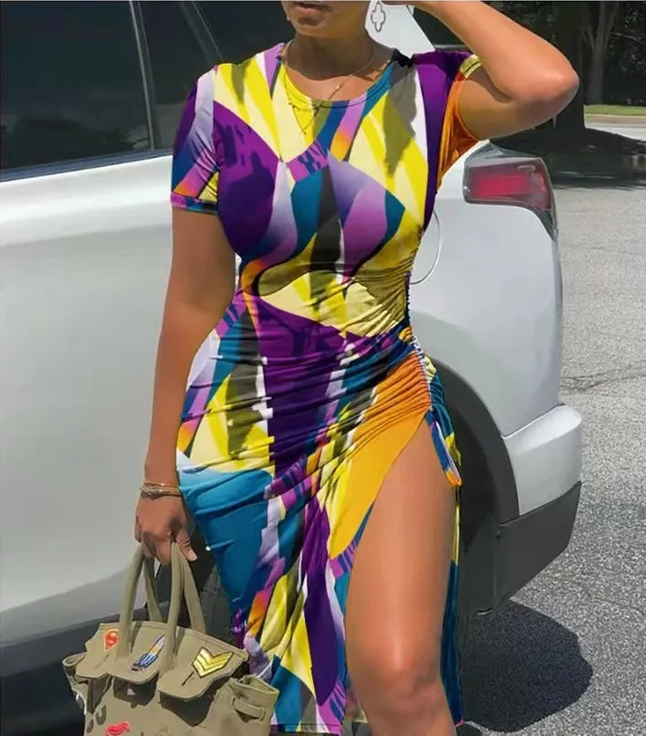 Trendy Printed Slim Bodycon Short Sleeves Drawstring Slit Midi Dresses