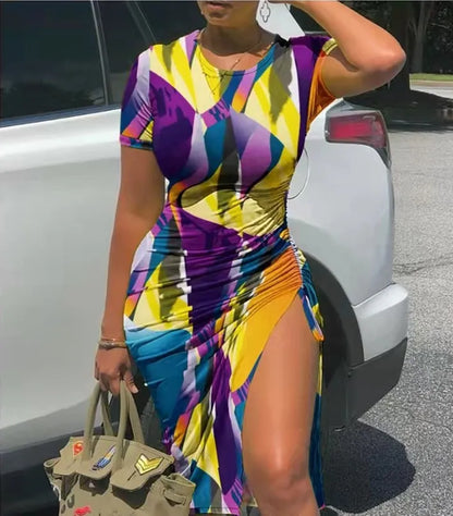 Trendy Printed Slim Bodycon Short Sleeves Drawstring Slit Midi Dresses