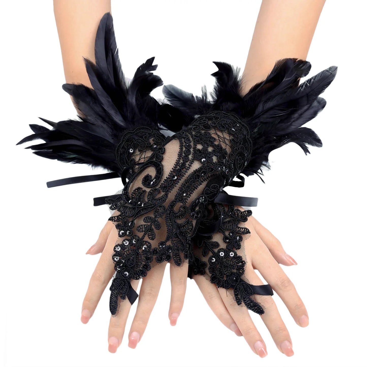 Daniella Feather Cosplay Lace Wrist Gloves (Furry Accessories)