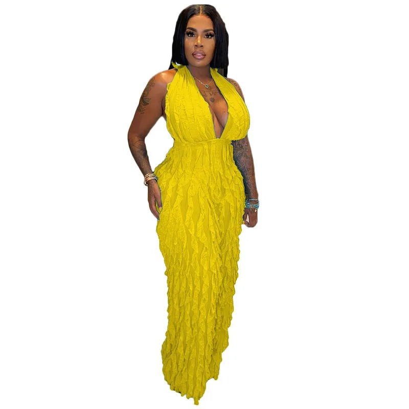 Ruffles Deep V-neck Halter Backless Wide Leg Jumpsuits